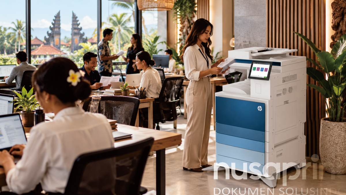 Staf menggunakan mesin fotocopy HP di area kerja hospitality