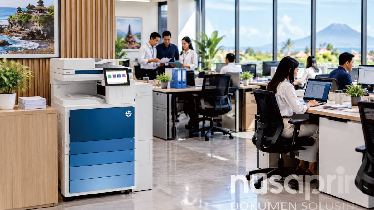 Mesin fotocopy HP dan aktivitas staf di ruang kantor